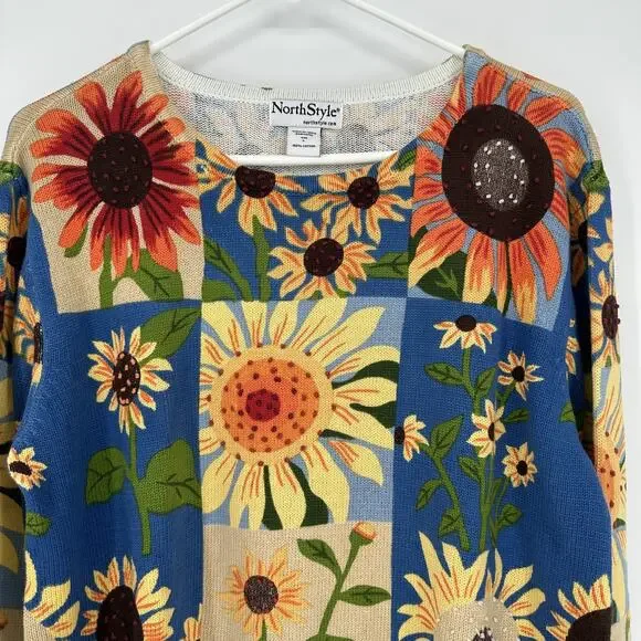NorthStyle Sweater Womens Large Sunflower Floral Pullover Blue Beige Knit Boho L - Picture 2 of 12